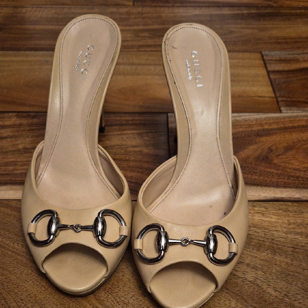 Gucci Women's Beige Leather Mules with Silver Accents